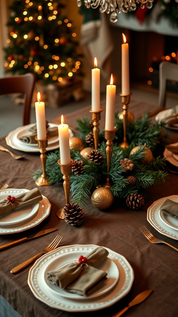 A beautifully arranged Christmas table setting with brown tones, candles, and natural decorations.
